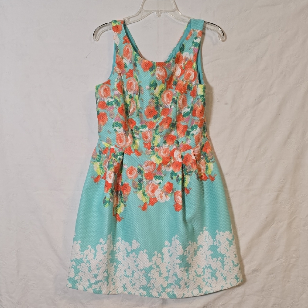 Donna Ricco Aqua Floral Dress with Coral Accents Sleeveless Size 12 Full Bottom